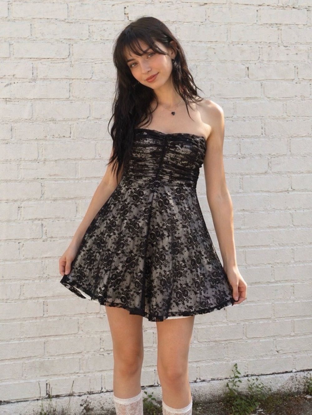 Vintage Moda Black Lace Babydoll Dress Y2K Whimsy Goth Emo Boned Mini Small